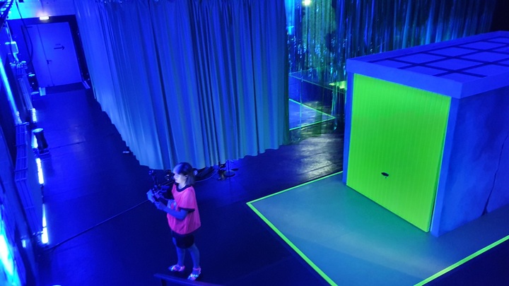 Stage set of German Horror Daemonium at Schauspielhaus Bochum, showing the labyrinthine internet ghost-train installation
